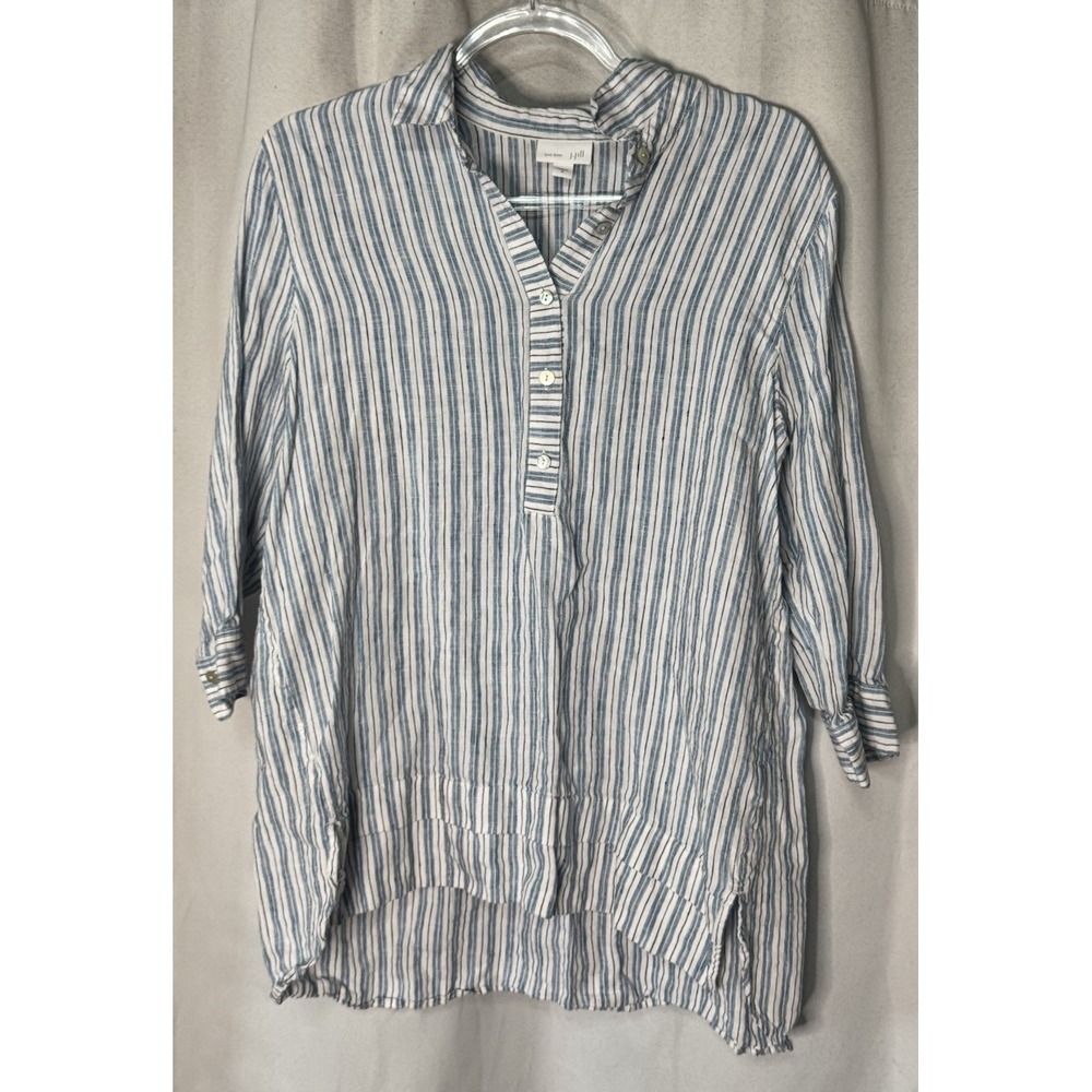 J JILL Love Linen Popover Tunic Top Women M Relaxed White Blue Stripe Coastal